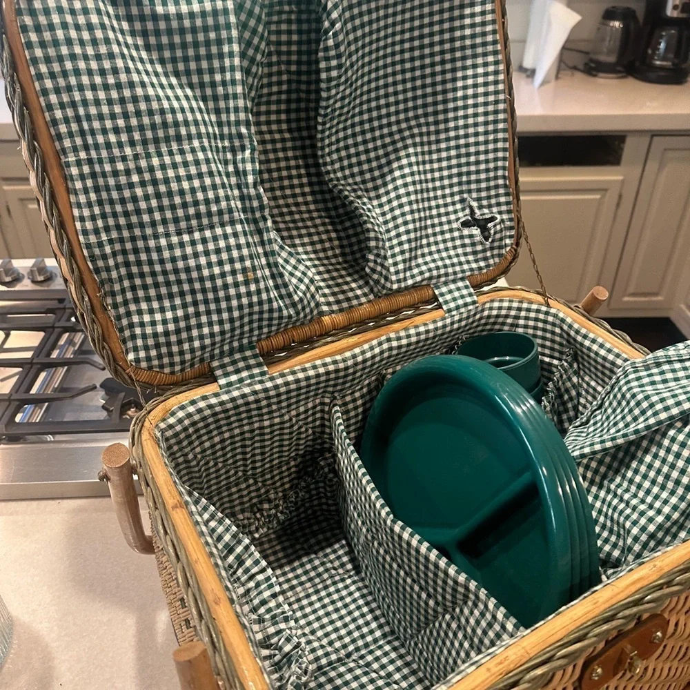 Vintage Wicker Picnic Basket with Green Checkered Accessories. Cottagecore